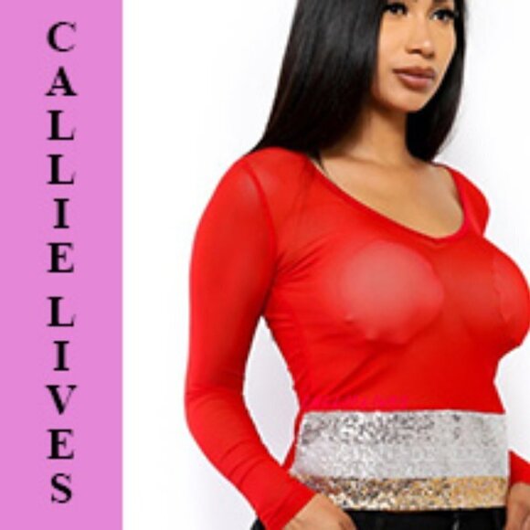 Callie Lives Tops - NEW WTH TAGS CALLIE GLAM SQUAD SEQUIN SHEER LONG SLEEVE TOPS RED SIZE ME…